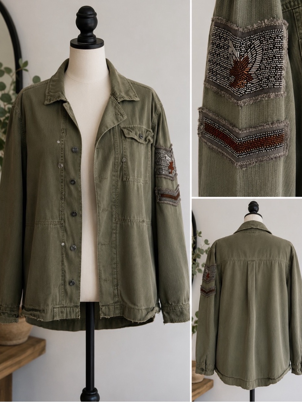 Free People Olive Green Embroidered Utility Jacket